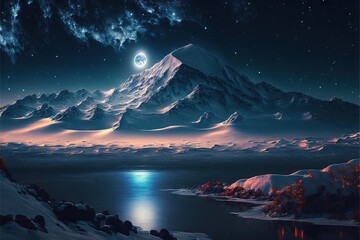 Poster - Winter mountains near the river against the backdrop of the night and the big moon AI