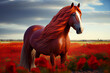 Red horse with the long mane in flower field cloud in the sky - generative ai