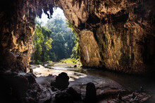 The Scenic Chamber With River In The Tham Nam Lod Cave, Popular Tourist Attraction In Mae Hong Son, Thailand