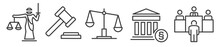 Law, Legal And Justice Vector Thin Line Icon Collection On White Background