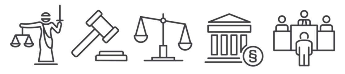 Wall Mural - Law, legal and justice vector thin line icon collection on white background