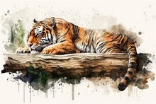 Tiger Is Sleeping On A Piece Of Wood. Like A Watercolor. Illustration. Generative AI