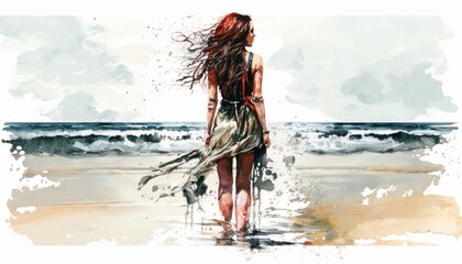 Wall Mural - Rear view of a beautiful young woman walking on the beach, watercolor style. Generative AI