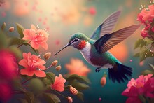 A Beautiful Little Bird Hummingbird Flies In The Spring In Blooming Flowers. Generative AI