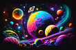 Colorful psychedelic galaxy and planets in space illustration