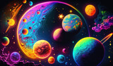 Fototapeta Psy - Colorful psychedelic galaxy and planets in space illustration