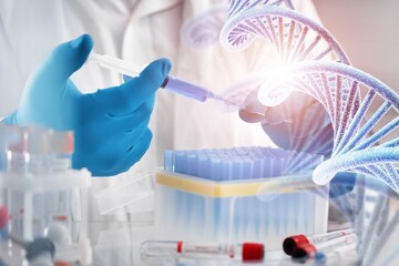 Wall Mural - research concept, scientist using microscope with dna molecules symbol