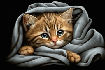 Sticker - Cute kitty in blanket. Hand drawn picture of a cat. Generative AI