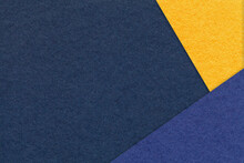 Texture Of Craft Navy Blue Color Paper Background With Denim And Yellow Border. Vintage Abstract Cardboard.
