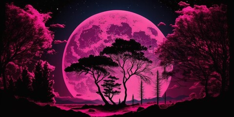 Wall Mural - Pink landscape with the moon in the background