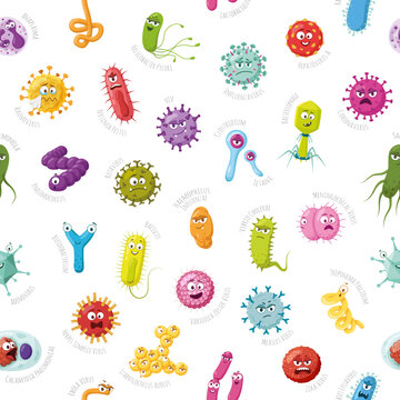 Seamless pattern with viruses and baterias cartoon characters