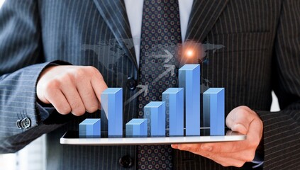 Digital interface on the screen and businessman hand