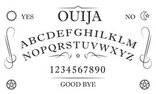Ouija Board. Black And White Symbols Of Moon ,sun, Texts And Alphabet. Talking Board And Planchette Used On Seances For Communicating With The Dead / High Contrast Image
