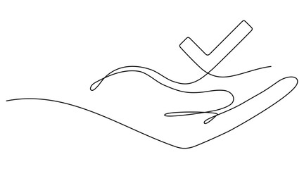Poster - hand holds award checkmark sign continuous line drawing. approval check symbol. vector illustration 