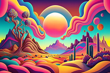 Wall Mural - Colorful rainbow color landscape with trees, mountains, sky, and clouds. Colorful rainbow color landscape. Generative AI.