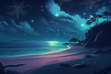 Wall Mural - Night in the sea with stars. Generative AI.