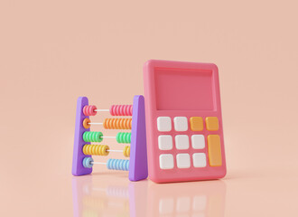 Abacus colorful beads with Calculator for accounting. Financial management concept, Learning counting, Math Tool, Math device calculate, toy abacus. 3d icon rendering illustration. cartoon minimal