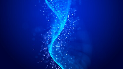 Poster - abstract digital data background. wave with moving dots. musical stream of sounds. 3d rendering.