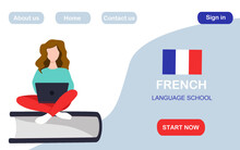 Learn French Online Landing Page Template. Female Siting On The Book And Studying French Online At The Notebook. Cartoon People Vector Illustration. Vector Illustration