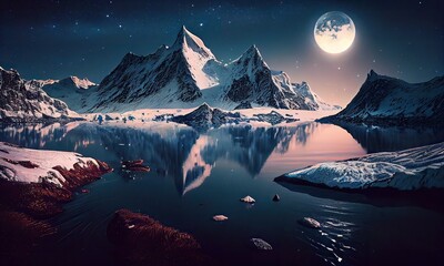 Poster - Beautiful snow-capped mountains against the Fantastic starry sky. landscape and snow-capped peaks and the Beautiful starry night. Generative Ai.