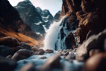 Close-up View Of Stream Waterfall. Waterfall Close-up Background. Water Falling On The Rocks In Close Up. Generative Ai.
