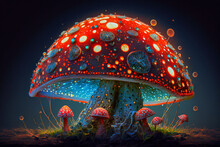 Red Fly Agaric Poisonous Mushroom In Blue Psychedelic Space