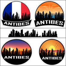 Antibes Skyline Silhouette France Flag Travel Souvenir Sticker Sunset Background Vector Illustration SVG EPS AI