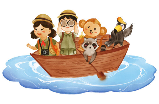 Fototapete - Kids with camping suit and wildlife animals on boat . Realistic watercolor paint with paper textured . Cartoon character design . Vector .