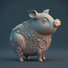 pig, piglet, ornaments, chinese zodiac, zodiac, wood style, wooden, browny, brown, portrait, in action, generative ai