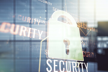 Poster - Virtual creative lock illustration with microcircuit on a modern coworking room background, cyber security concept. Multiexposure