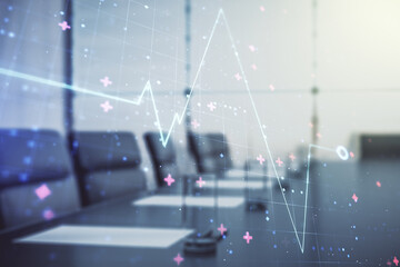 Poster - Abstract virtual heart pulse hologram on a modern coworking room background, online medical consulting concept. Multiexposure