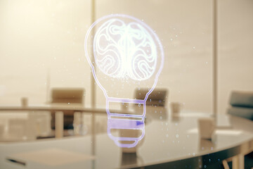 Poster - Abstract virtual light bulb illustration with human brain on a modern coworking room background, future technology concept. Multiexposure