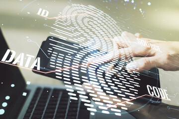 Poster - Double exposure of abstract creative fingerprint hologram with finger clicks on a digital tablet on background, research and development concept