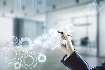 Aufkleber - Man hand with pen draws abstract virtual robotics technology hologram on blurred office background. Robot development and automation concept. Multiexposure