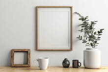 Minimalist Living Room With Flower Vase, Ceramic Pot, Cup, Mockup And Empty Wooden Picture Frame On White Wooden Wall With Generative AI Technology