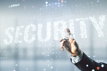 Poster - Male hand clicks on virtual cyber security creative concept on blurred office background. Double exposure