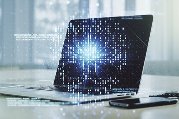 Poster - Creative concept of code skull illustration on modern laptop background. Hacking and phishing concept. Multiexposure