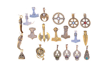 Collection of ancient signs and amulets, isolated on a white background. Axes, knives, Phoenix snakes and other symbols in the form of a badge.