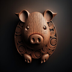 pig, piglet, ornaments, chinese zodiac, zodiac, wood style, wooden, browny, brown, portrait, in action, generative ai