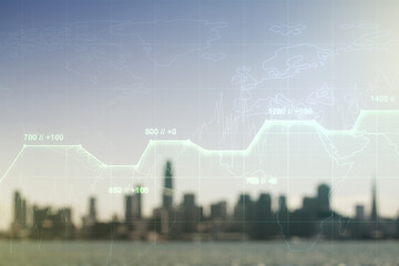 Poster - Double exposure of abstract creative statistics data hologram on blurry office buildings background, analytics and forecasting concept