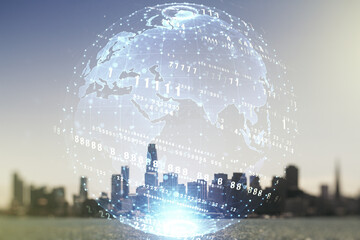 Poster - Multi exposure of abstract programming language hologram and world map on San Francisco office buildings background, artificial intelligence and neural networks concept