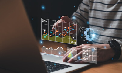 Wall Mural - young entrepreneur using big data analysis and cloud technology to collect customer data and display
