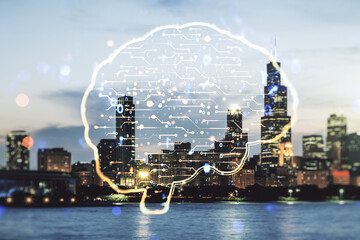 Poster - Double exposure of creative human brain microcircuit hologram on Chicago office buildings background. Future technology and AI concept