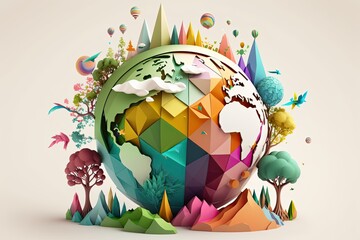 fantasy planet eartth in forest,creative design world environment and earth day paper cut and craft 