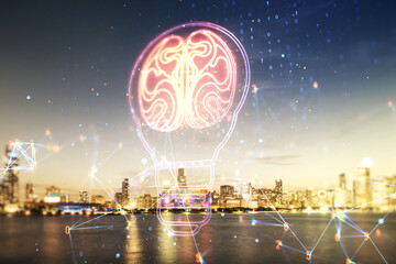 Poster - Double exposure of abstract virtual creative light bulb hologram with human brain on Chicago city skyscrapers background, idea and brainstorming concept