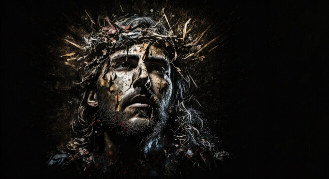 jesus christ wearing crown of thorns passion and resurection. easter card, good friday. generative a