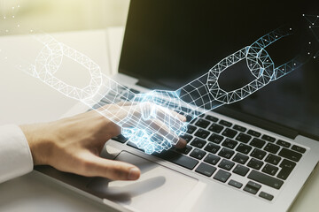 Poster - Creative abstract block chain technology sketch with handshake and hands typing on computer keyboard on background, future technology and blockchain concept. Double exposure