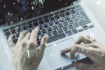 Poster - Abstract creative coding illustration with world map and hands typing on laptop on background, international software development concept. Multiexposure