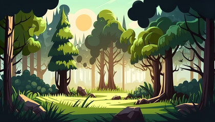 Sticker - forest landscape in the morning, cartoon vector style, generative ai