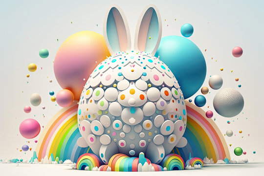fantasy abstarct design amazing 3d Easter bunny and ornated painted rainbow colourd egg on white background. Happy Easter magical,generative ai.